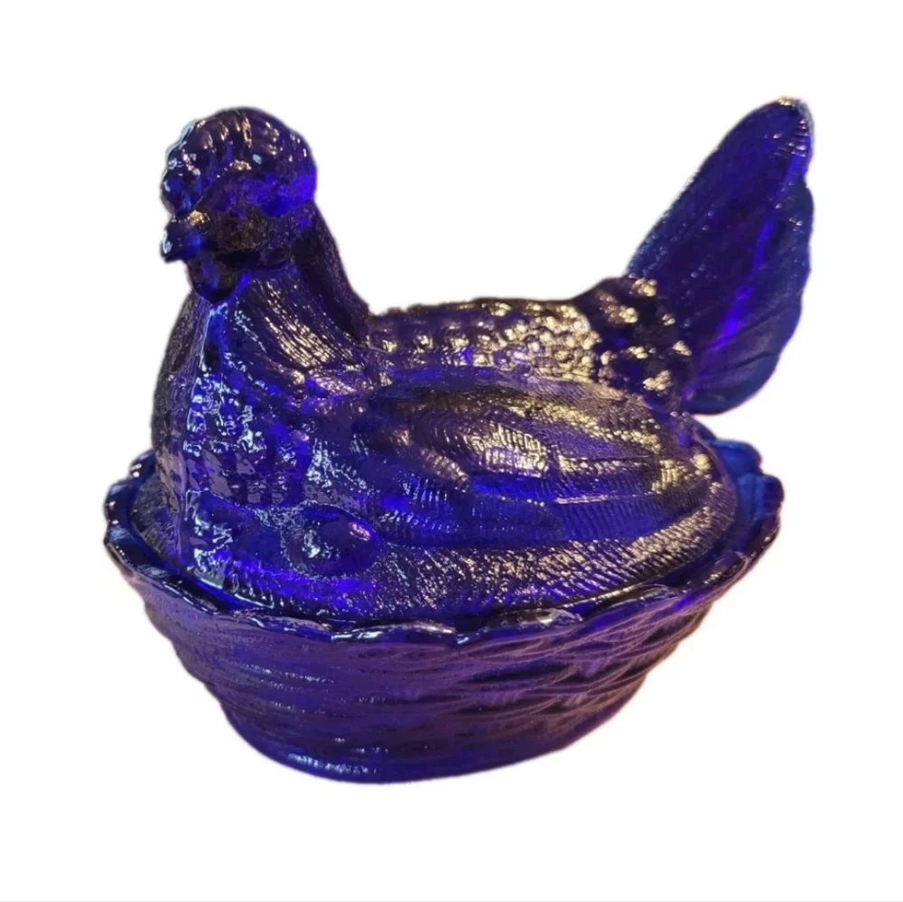 Hen on Nest Chicken Cobalt Blue Glass Style Dish 6 In Cottage Core Grandma Core